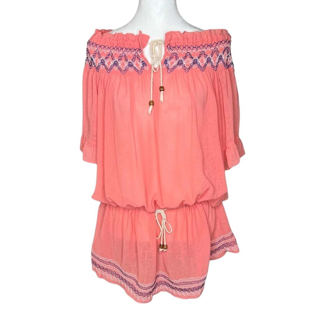 Smocked Gauze Tunic M Coral Pink Embroidered Boho Beach Cover Up Resort Tie Neck